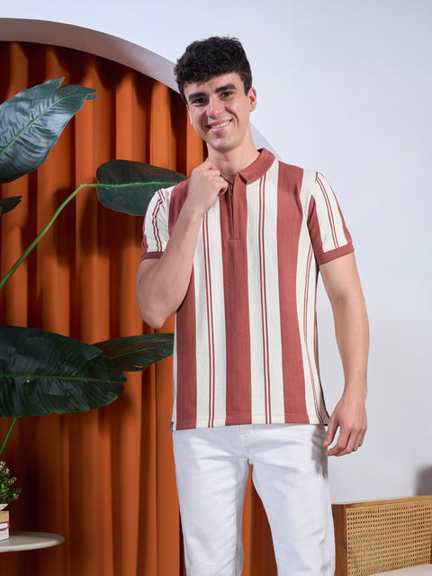 Buy Fig Striped Polo Tshirt Brown & Cream Truedesign