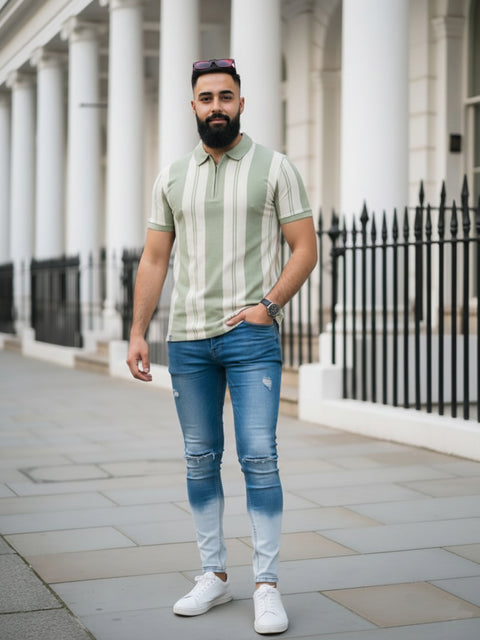 Buy Fig Striped Polo Tshirt Green & Cream Truedesign