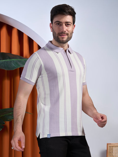 Buy Fig Striped Polo Tshirt Lilac & Cream Truedesign