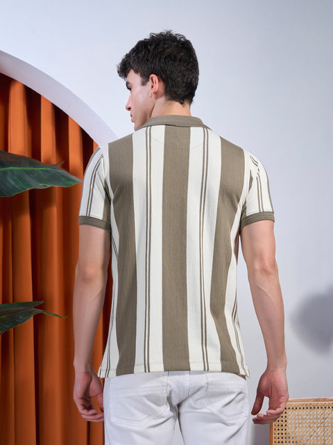 Buy Fig Striped Polo Tshirt Olive & Cream Truedesign