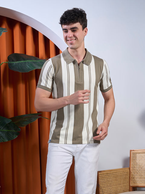Buy Fig Striped Polo Tshirt Olive & Cream Truedesign
