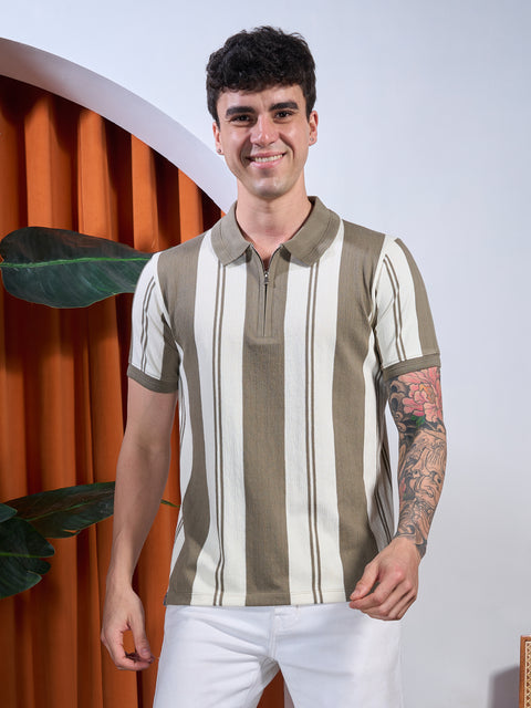 Buy Fig Striped Polo Tshirt Olive & Cream Truedesign
