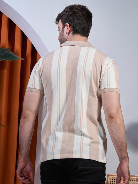 Buy Fig Striped Polo Tshirt Peach & Cream Truedesign