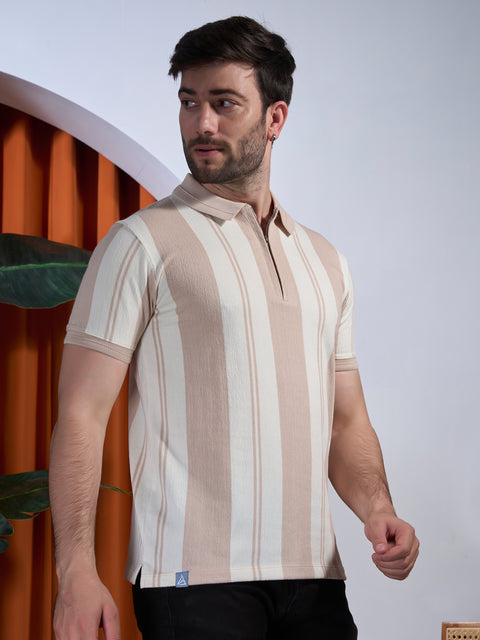 Buy Fig Striped Polo Tshirt Peach & Cream Truedesign