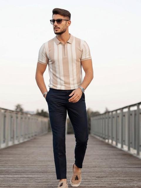 Buy Fig Striped Polo Tshirt Peach & Cream Truedesign