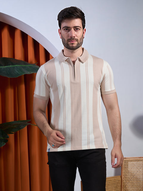 Buy Fig Striped Polo Tshirt Peach & Cream Truedesign